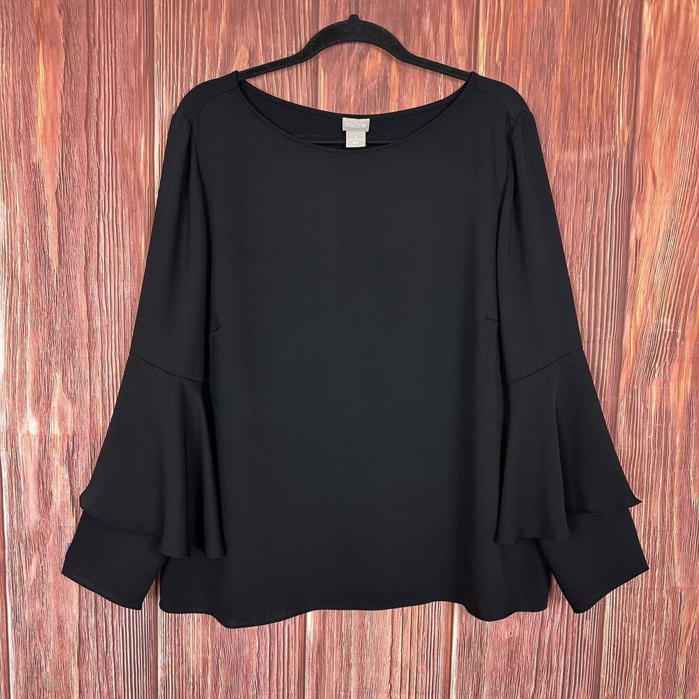 Chicos Black Long Sleeve Blouse Tiered Bell Sleeve Sophisticated Size 3 US 16/18 - Picture 2 of 7